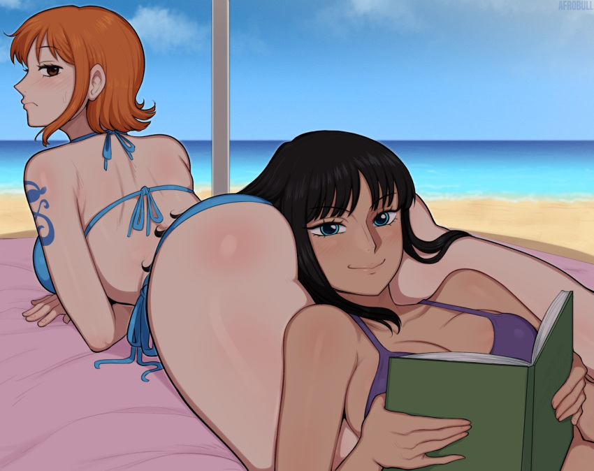 2girls afrobull ass beach beach_towel bikini black_hair blue_eyes blush book breasts brown_eyes head_on_ass holding holding_book long_hair lying multiple_girls nami_(one_piece) nico_robin on_back on_stomach one_piece open_book orange_hair outdoors shade short_hair swimsuit towel