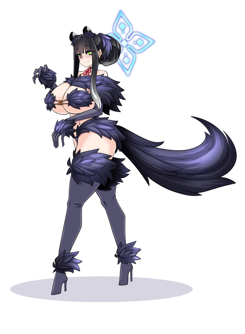 absurdres animal_ears black_hair blue_archive blue_halo cosplay fate/grand_order fate_(series) female fur-trimmed_gloves fur-trimmed_legwear fur_bikini fur_collar fur_trim gloves green_eyes hair_bun halloween_costume halo highres lazy_ant long_hair mash_kyrielight mash_kyrielight_(dangerous_beast) mash_kyrielight_(dangerous_beast)_(cosplay) purple_gloves purple_tail purple_thighhighs shun_(blue_archive) tail thighhighs tiger_ears tiger_girl wolf_tail