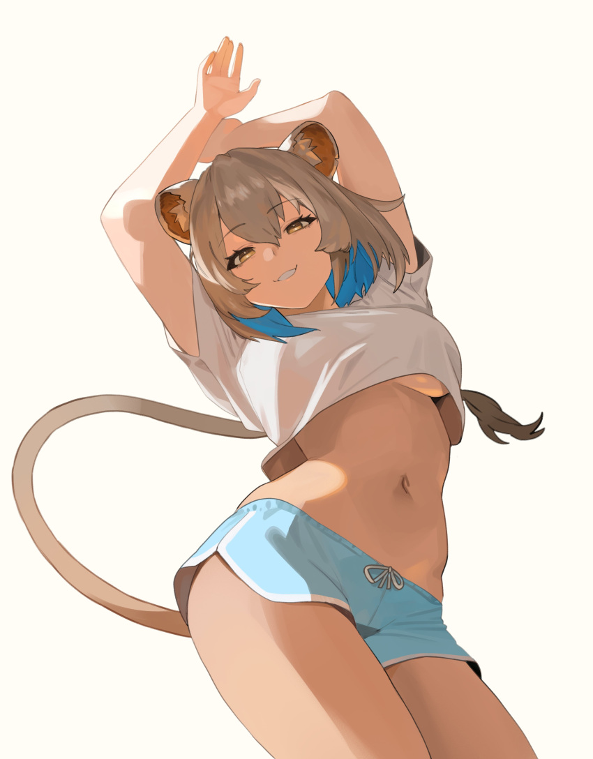 absurdres animal_ear_fluff animal_ears arms_up blue_hair blue_shorts breasts colored_inner_hair cropped_shirt female grey_hair grin hazumi_aileen highres indie_virtual_youtuber lion_ears lion_girl lion_tail long_hair multicolored_hair navel shirt shorts smile solo tail thernz underboob virtual_youtuber white_shirt