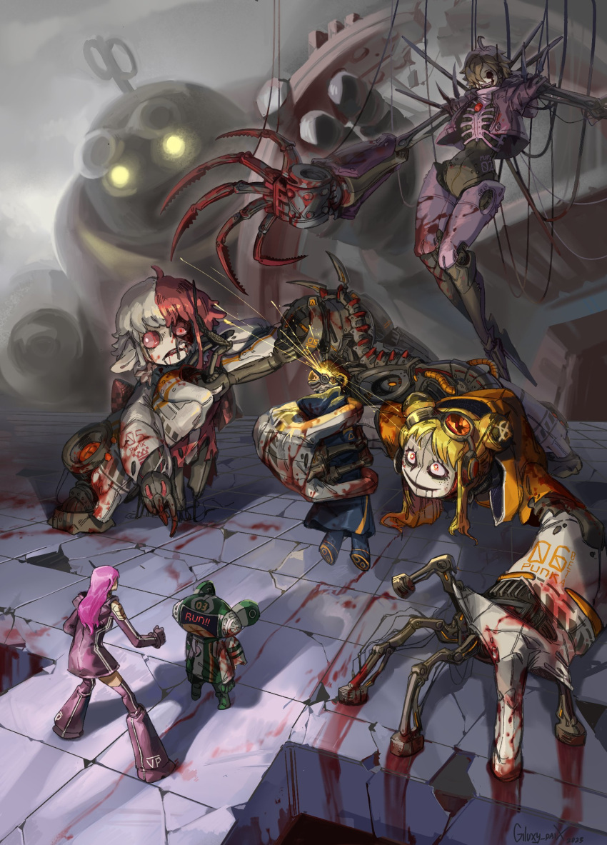 3boys 4girls absurdres ahoge black_coat blonde_hair blood blood_from_eyes blood_on_hands blurry blurry_background boots broken carrying carrying_person coat dress english_text giluxyp gloves goggles goggles_on_head headphones highres horror_(theme) jacket jewelry_bonney knee_boots long_hair multicolored_hair multiple_boys multiple_girls one_piece open_mouth orange_jacket pink_dress pink_gloves pink_hair purple_jacket red_eyes red_hair robot short_dress short_hair smile two-tone_hair vegapunk_atlas vegapunk_edison vegapunk_lilith vegapunk_pythagoras vegapunk_shaka vegapunk_york white_hair winding_key