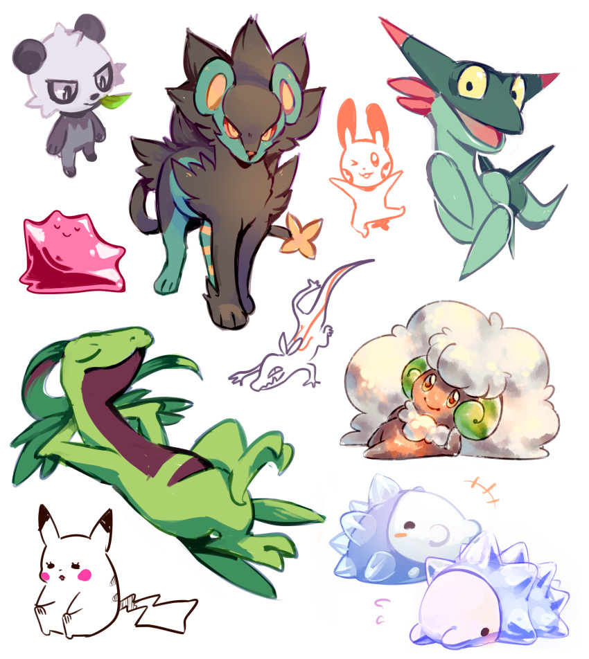 2019 absurd_res ambiguous_gender anterior_nasal_aperture biped black_body black_eyes black_fur black_nose blue_body blush brown_eyes cheek_spots closed_eyes digital_media_(artwork) ditto_(pokemon) dreepy duo eyelashes female feral flavia-elric fur generation_1_pokemon generation_3_pokemon generation_5_pokemon generation_6_pokemon generation_7_pokemon generation_8_pokemon green_body group grovyle hands_behind_neck happy hi_res horn leaf lying mouth_closed nintendo on_ground on_side one_eye_closed open_mouth pancham paws pikachu pink_nose plusle pokemon pokemon_(species) pupils quadruped red_cheeks red_sclera salandit simple_background sitting snom solo standing tail tongue whimsicott white_background white_body white_fur white_pupils yellow_eyes yellow_sclera