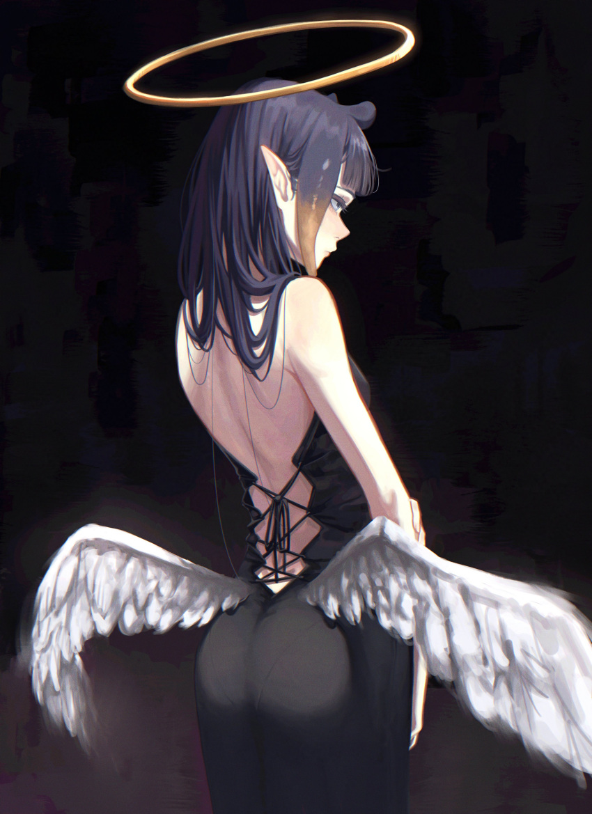 absurdres ass ass_focus back back_focus bare_shoulders cocktail_dress cross-laced_clothes cross-laced_dress dress female from_behind gloom_(expression) hair_over_shoulder halo highres ina's_back_(meme) low_wings median_furrow meme ninomae_ina'nis pointy_ears samukzz sidelocks simple_background solo strapless strapless_dress tentacle_hair virtual_youtuber wings