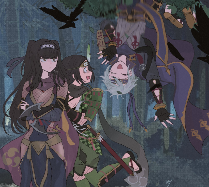 1boy 2girls arm_armor black_hair blue_hair blunt_bangs bodysuit breasts character_request cleavage fire_emblem fire_emblem_awakening fire_emblem_heroes fishnet_bodysuit fishnets forest highres multiple_girls nature ninja official_alternate_costume sasaki_(dkenpisss) surprised tharja_(fire_emblem) tharja_(ninja)_(fire_emblem) twintails