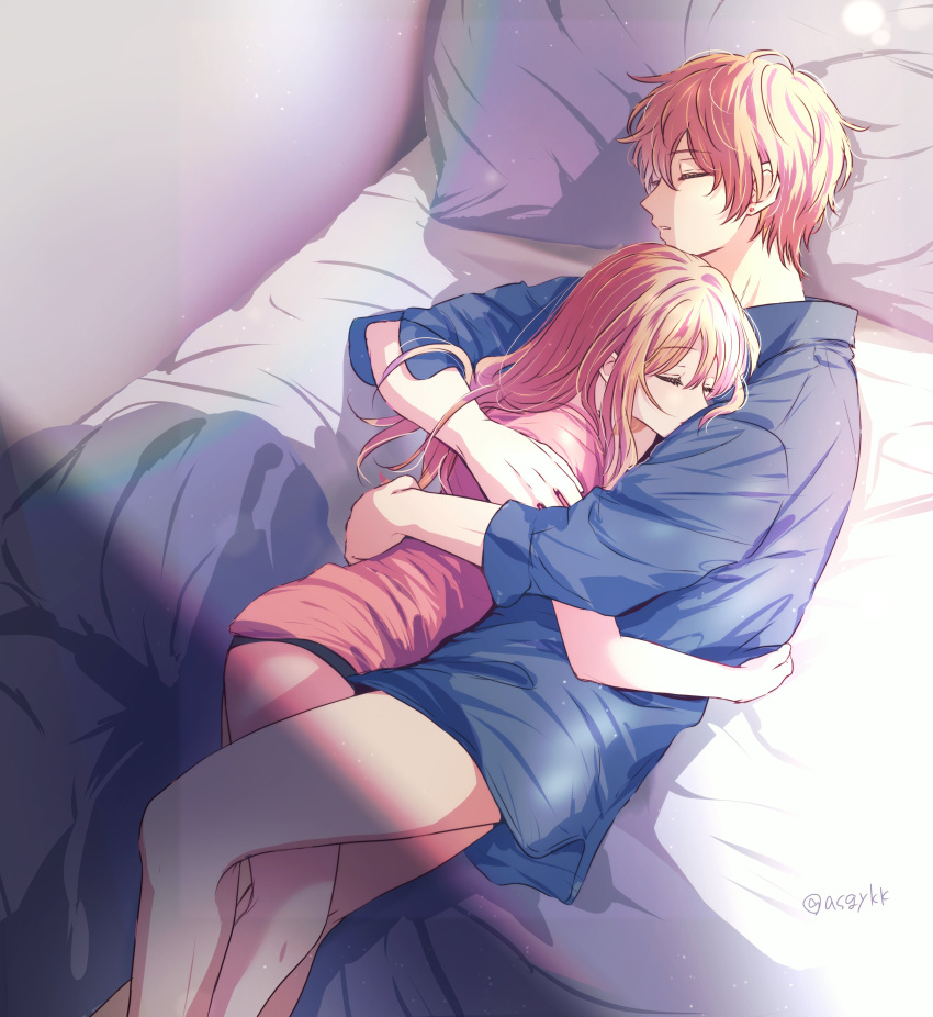 absurdres asgykk bare_legs bed black_panties blonde_hair blue_pajamas blue_shirt brother_and_sister closed_eyes cuddling earrings highres hoshino_aquamarine hoshino_ruby incest jewelry long_hair long_sleeves lying oshi_no_ko pajamas panties pillow pink_shirt shirt short_hair siblings sleeping twincest twins underwear