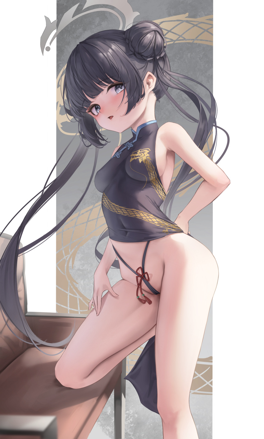 absurdres bare_arms bare_legs bare_shoulders black_dress black_hair black_panties blue_archive blush breasts china_dress chinese_clothes clothes_pull dress dress_pull female hair_bun halo highleg highleg_panties highres hong_(vsak3373) kisaki_(blue_archive) long_hair looking_at_viewer panties parted_lips pelvic_curtain purple_eyes simple_background sleeveless sleeveless_dress small_breasts solo thighs twintails underwear very_long_hair