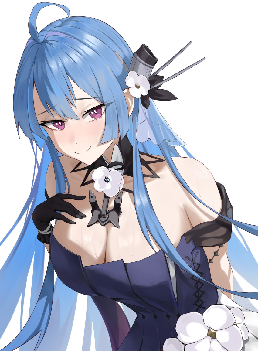 absurdres ahoge azur_lane bare_shoulders black_gloves blue_dress blue_hair breasts cleavage closed_mouth commission detached_collar dress female flower gloves hair_flower hair_ornament hand_on_own_chest helena_(azur_lane) helena_(may_i_have_this_dance?)_(azur_lane) highres large_breasts long_hair looking_at_viewer off-shoulder_dress off_shoulder official_alternate_costume purple_eyes rawoon_d smug solo very_long_hair white_flower