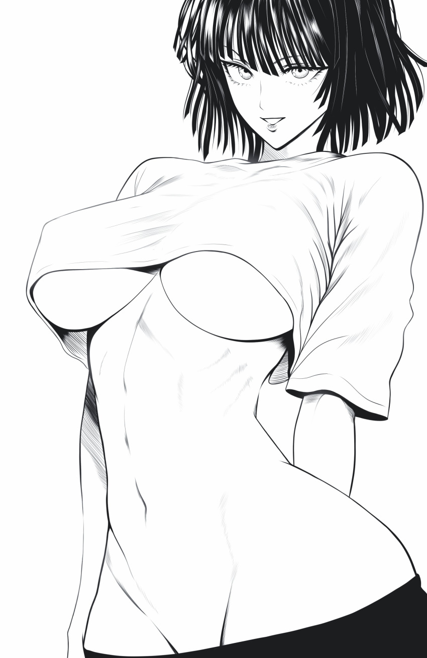 absurdres breasts commentary_request female fubuki_(one-punch_man) highres large_breasts lips looking_at_viewer monochrome mostlybluewyatt navel no_panties one-punch_man parted_lips shirt short_hair simple_background smile solo stomach stomach_day t-shirt upper_body white_background