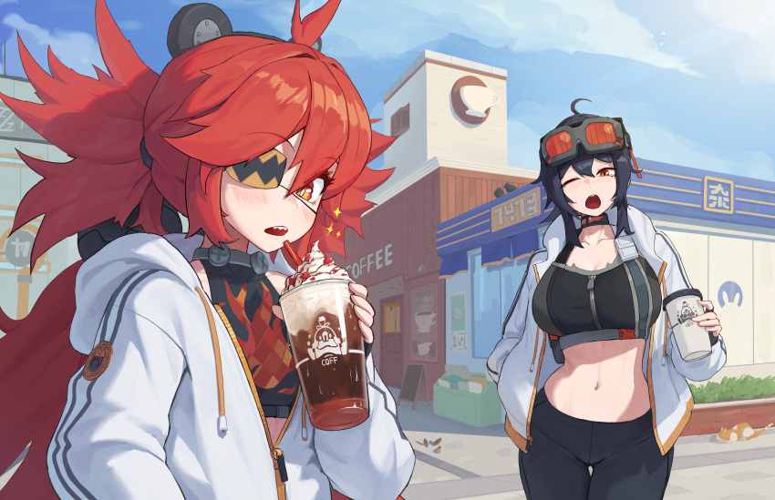 2girls absurdres ahoge black_choker black_hair black_pants black_shirt black_sports_bra blue_sky breasts choker cleavage collarbone commentary crop_top cup day disposable_coffee_cup disposable_cup drinking_straw eyepatch flame_print goggles goggles_on_head grace_howard hair_between_eyes hand_in_pocket highres holding holding_cup hood hoodie koleda_belobog large_breasts leggings long_hair looking_at_viewer multiple_girls navel one_eye_closed open_clothes open_hoodie open_mouth orange-tinted_eyewear orange_eyes outdoors pants red_hair restaurant roro_(tpghksdlzpq) sharp_teeth shirt sky sports_bra stomach teeth tinted_eyewear upper_teeth_only white_hoodie yawning zenless_zone_zero