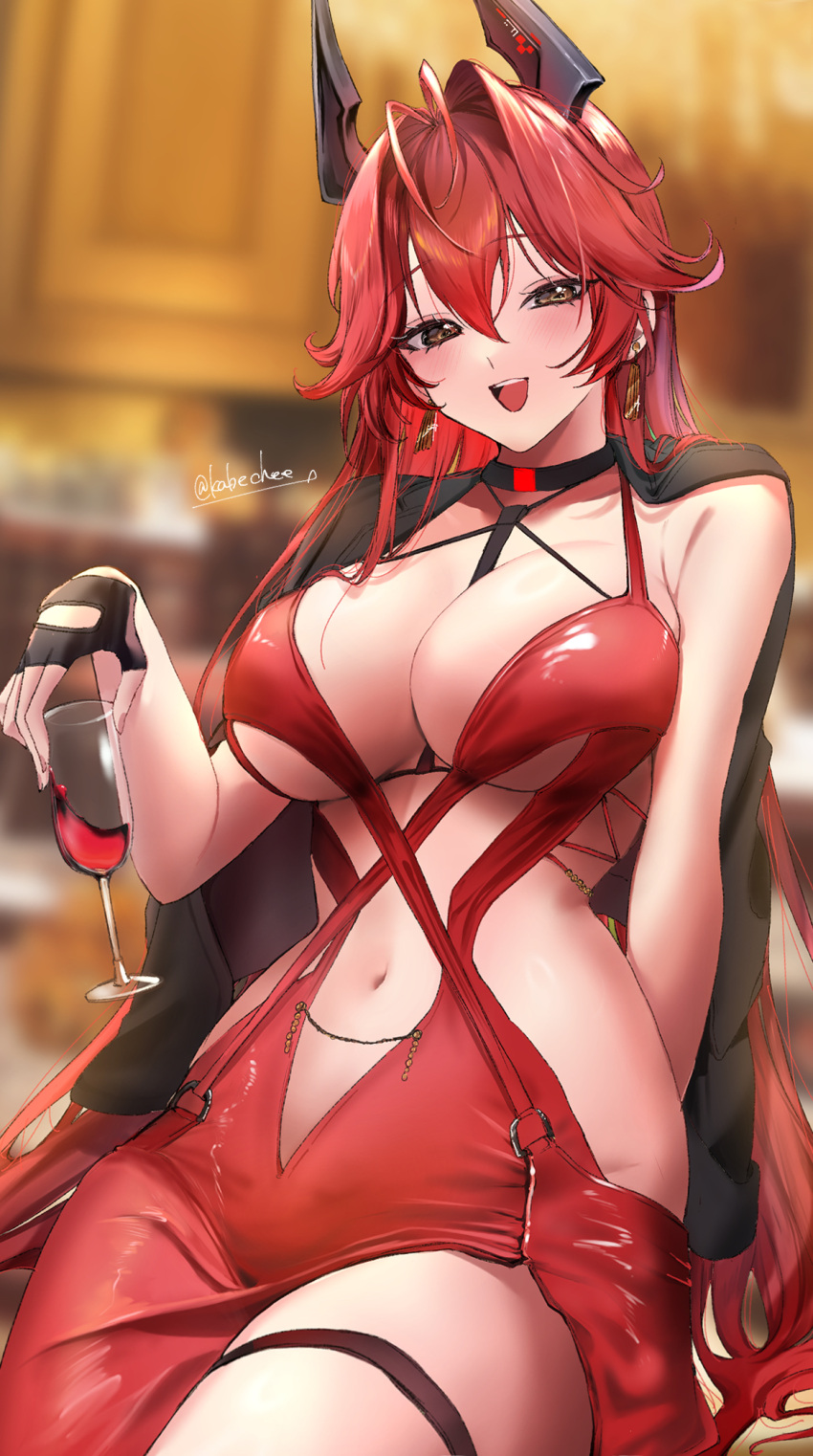 :d alcohol antenna_hair between_breasts black_choker black_gloves black_jacket breasts chikabe choker cleavage clothing_cutout collarbone commentary_request cowboy_shot cup dress drinking_glass earrings evening_gown female fingerless_gloves gloves goddess_of_victory:_nikke hair_between_eyes hair_flaps highres holding holding_cup horns jacket jacket_on_shoulders jewelry large_breasts long_hair looking_at_viewer mechanical_horns navel navel_cutout official_alternate_costume open_mouth red_dress red_hair red_hood_(nikke) red_hood_(nonsense_red)_(nikke) red_wine revealing_clothes sidelocks sitting skindentation sleeveless sleeveless_dress smile solo stomach strap_between_breasts teeth thigh_strap twitter_username upper_teeth_only wine wine_glass yellow_eyes