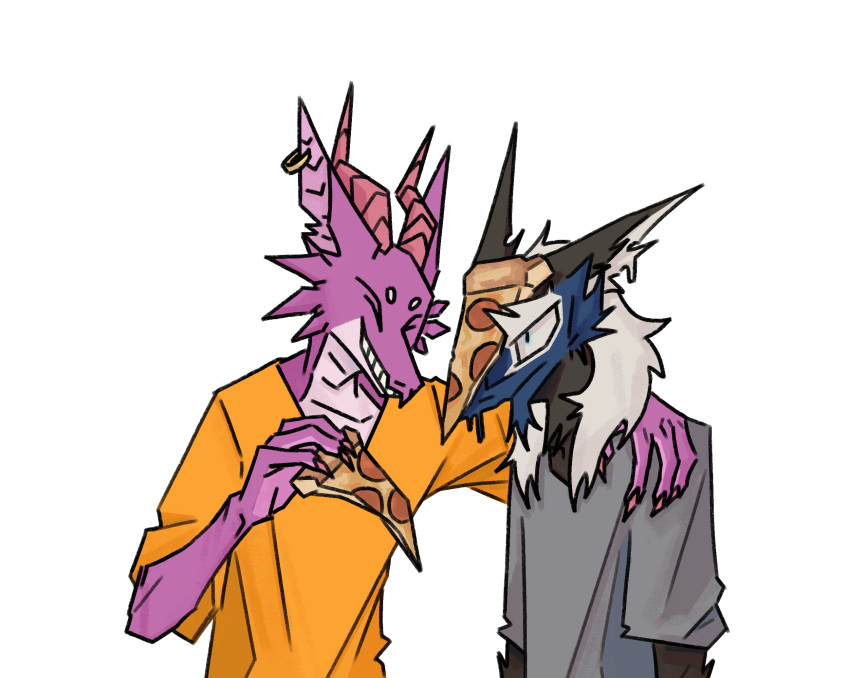 annoyed anthro arm_around_shoulders blue_eyes claws closed_eyes clothing duo ear_piercing eyebrows food fur fuzzysmore_(character) grey_clothing grey_shirt grey_topwear hair hi_res horn kobold male male/male mane mane_hair multicolored_body multicolored_fur notched_ear orange_claws orange_clothing orange_horn orange_shirt orange_topwear piercing pizza pizza_on_face pizza_slice purple_body sergal shaded shirt simple_background simple_shading sleepymuzzle smile spaceman_joe topwear two_tone_body white_background white_eyebrows