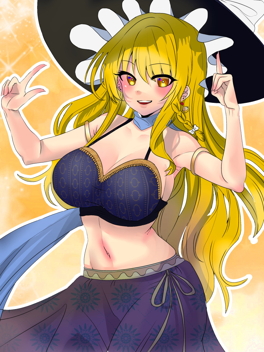 absurdres arabian_clothes armpits bare_shoulders belly_dancing blonde_hair blush braid breasts cleavage double_v earrings female harem_outfit hat highres jewelry kirisame_marisa large_breasts long_hair looking_at_viewer midriff navel open_mouth shivuakichi side_braid single_braid smile solo touhou v witch_hat yellow_eyes