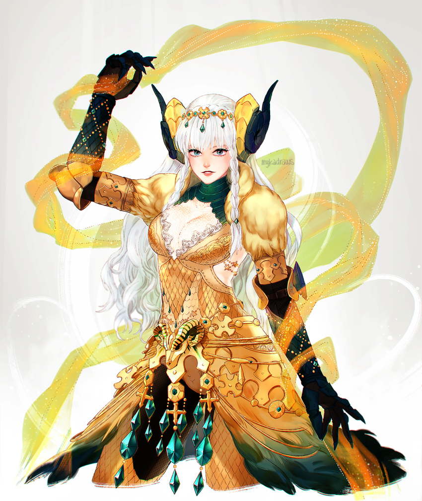 armor backless_outfit braid breasts cleavage cleavage_cutout clothing_cutout company_connection cropped_legs crown_braid fake_horns female gold_armor grin highres horns khirzava kulve_taroth_(armor) kyougoku_maria_(sengoku_basara) large_breasts looking_at_viewer monster_hunter:_world monster_hunter_(series) red_lips sengoku_basara shawl side_braids simple_background smile solo white_background white_hair