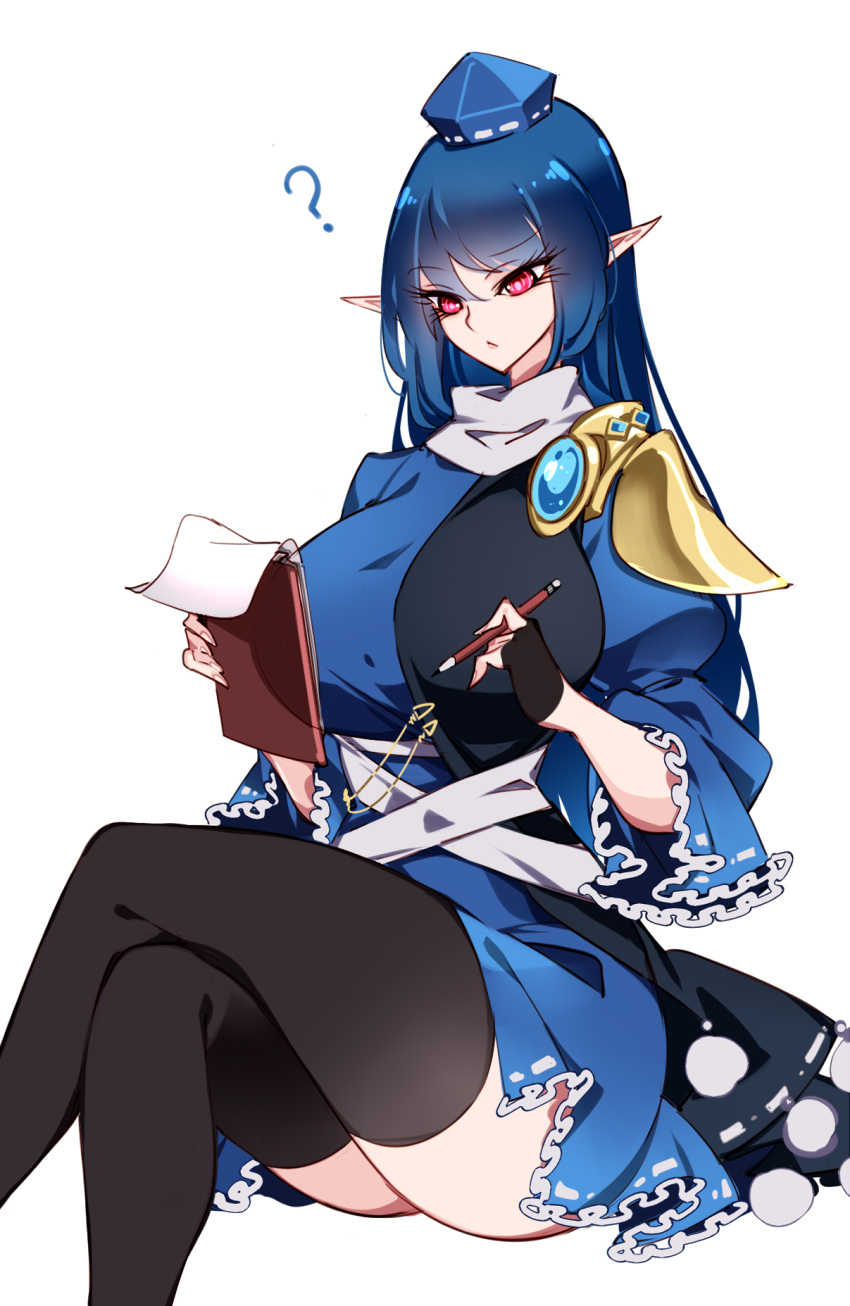 ? armor black_dress black_gloves black_thighhighs blue_dress blue_gemstone blue_hair blue_hat breasts closed_mouth dark_blue_hair dress eyelashes feet_out_of_frame female fingerless_gloves fingernails frills gem gloves hair_between_eyes hands_up hat highres holding holding_notebook holding_pencil iizunamaru_megumu large_breasts long_fingernails long_hair looking_at_object notebook pencil pink_eyes pointy_ears pom_pom_(clothes) puffy_short_sleeves puffy_sleeves raptor7 short_sleeves shoulder_armor simple_background single_glove sitting solo thighhighs tokin_hat touhou two-tone_dress white_background