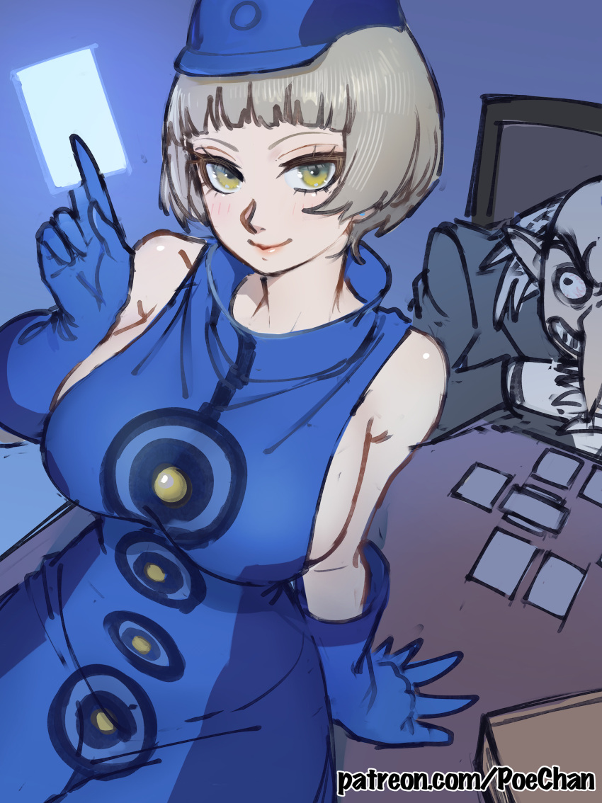 1boy absurdres arm_support artist_name bald between_fingers blonde_hair blue_dress blue_gloves blunt_bangs bob_cut breasts card card_between_fingers commentary_request dress elizabeth_(persona) female field_cap gloves glowing_card grin highres holding igor_(persona) large_breasts light_blush long_nose looking_at_viewer patreon_username persona persona_3 poechan_chan pointy_ears short_hair sideboob sitting sitting_on_table sleeveless sleeveless_dress smile velvet_room web_address white_hair yellow_eyes