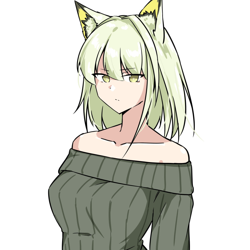 absurdres alternate_costume animal_ears arknights bare_shoulders bright_pupils closed_mouth collarbone eyes_visible_through_hair female green_eyes green_hair grey_sweater hair_between_eyes hashtag-only_commentary highres kal'tsit_(arknights) looking_at_viewer medium_hair off_shoulder simple_background solo split_mouth staring sweater upper_body white_background white_pupils xibu_cai