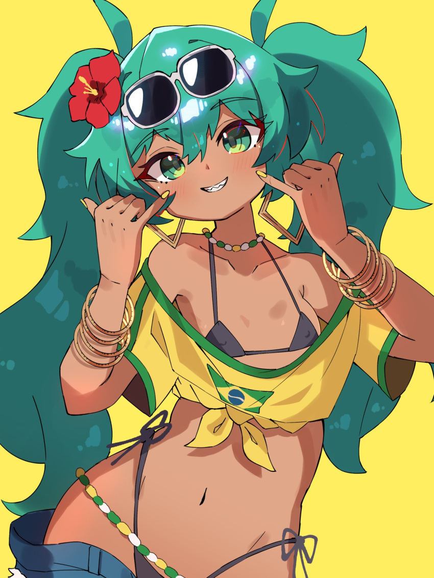 aqua_hair bead_choker beads bikini black_bikini bracelet brazil brazilian_flag brazilian_flag_print brazilian_miku breasts collarbone dark-skinned_female dark_skin earrings english_commentary eyewear_on_head female flower green_eyes hair_flower hair_ornament hatsune_miku highres jewelry long_hair looking_at_viewer mero_remo_sugoi multiple_bracelets navel rectangular_earrings shirt shorts small_breasts solo sunglasses swimsuit tan tanlines twintails upper_body vocaloid yellow_background yellow_nails yellow_shirt