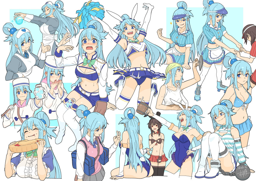 2girls animal_ears apron aqua_(konosuba) bag ball_and_chain_restraint bandana banned_artist bikini bikini_skirt blue_bikini blue_eyes blue_footwear blue_hair blue_leotard blue_necktie blue_panties blue_ribbon blush boots bottle bow bowtie breasts brown_eyes brown_gloves brown_hair cheerleader cleavage commission commissioner_name cropped_shirt cross-laced_footwear cup detached_collar detached_sleeves eating elbow_gloves fake_animal_ears fake_tail fanning_self fingerless_gloves food food_on_face frilled_leotard frills gloves green_bandana green_bow green_bowtie grey_skirt hair_rings hat highres holding holding_bottle holding_cup holding_food holding_hands holding_pom_poms kono_subarashii_sekai_ni_shukufuku_wo! large_breasts leotard light_blue_hair long_hair megumin midriff multiple_girls multiple_views navel neck_ribbon necktie nose_blush panties pantyshot pink_sweater_vest playboy_bunny pleated_skirt pom_pom_(cheerleading) rabbit_ears rabbit_tail red_skirt ribbon roller_skates school_uniform shima_(landsuzume) shirt shoelaces shoes shoulder_bag shrug_(clothing) single_hair_ring skates skeb_commission skirt sneakers strapless strapless_leotard striped_clothes striped_shirt striped_skirt sweat sweater_vest swimsuit tail tank_top tankard thigh_boots thighhighs underwear vertical-striped_clothes vertical-striped_shirt vertical-striped_skirt very_long_hair visor_cap waitress white_apron white_footwear white_gloves white_hat white_panties white_shrug white_tank_top white_thighhighs