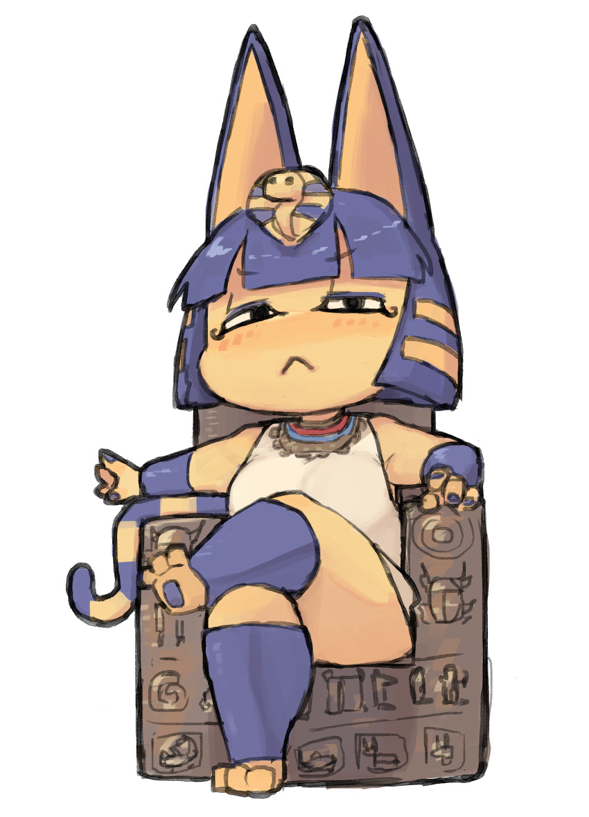 2023 4_fingers animal_crossing ankha_(animal_crossing) anthro bangs barefoot blue_fingernails blue_hair blue_nails blue_pawpads bob_cut chair clothed clothed_anthro clothed_female clothing colored_fingernails colored_nails crossed_legs digital_drawing_(artwork) digital_media_(artwork) domestic_cat egyptian egyptian_clothing feet felid feline felis female female_anthro fingernails fingers front_view full-length_portrait furniture hair hi_res hieroglyphics karu184 looking_at_viewer mammal markings mouth_closed nails narrowed_eyes nintendo noseless on_chair pawpads portrait simple_background sitting sitting_on_chair sitting_on_throne solo striped_markings striped_tail stripes tail tail_markings throne topwear uraeus usekh white_background white_clothing white_topwear yellow_body yellow_face yellow_inner_ear