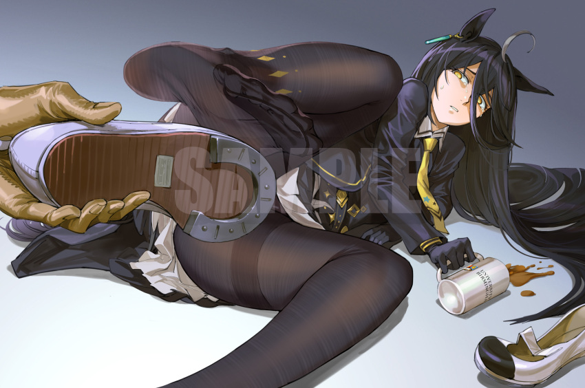 1other animal_ears black_hair black_pantyhose blush closed_mouth couch disembodied_hand earrings feet female foot_focus foot_out_of_frame gradient_background highres horse_ears horse_girl horse_tail horseshoe jewelry long_hair looking_at_viewer manhattan_cafe_(umamusume) necktie no_shoes pantyhose ruukii_drift sample_watermark school_uniform shoes simple_background single_earring soles solo_focus spill tail thighband_pantyhose toes umamusume unworn_footwear watermark yellow_eyes yellow_necktie