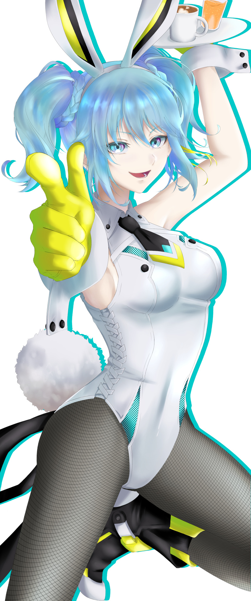 absurdres animal_ear_hairband animal_ears aqua_eyes aqua_hair bicute_bunnies_miku bicute_bunnies_miku_(street) braid breasts collared_leotard fake_animal_ears female fishnet_pantyhose fishnet_thighhighs fishnets gloves hair_ornament hairband halter_leotard halterneck hatsune_miku highres leotard looking_at_viewer nagumo59 pantyhose rabbit_ear_hairband rabbit_ears rabbit_tail solo tail thighhighs twintails twintails_with_braided_base upper_body vocaloid white_background yellow_gloves