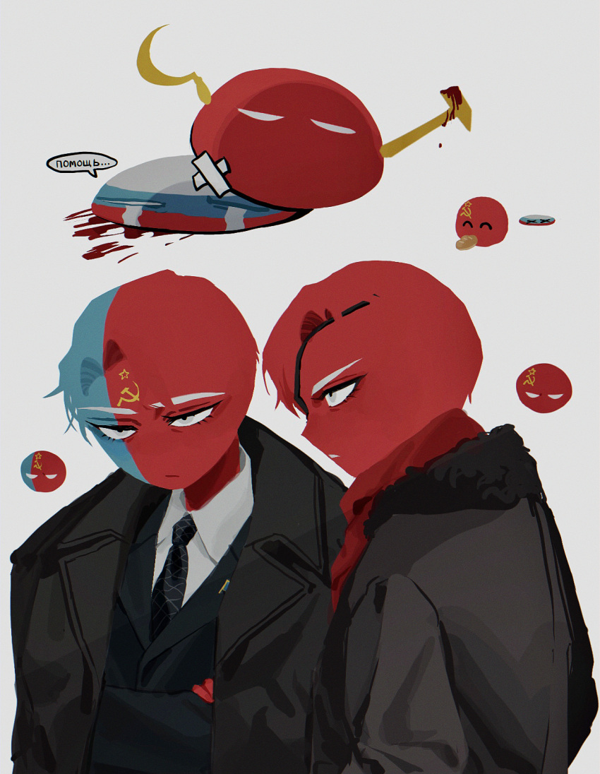 2boys black_coat black_necktie coat collared_shirt colored_skin countryball countryhumans eyepatch highres lapels multiple_boys necktie notched_lapels patterned_skin red_skin russiaball russian_flag saboten92 shirt simple_background soviet_flag soviet_union_(countryhumans) sovietball upper_body white_background white_shirt