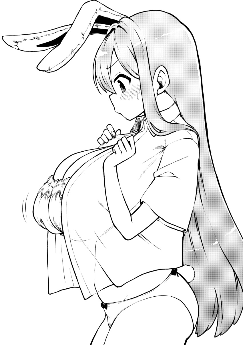 animal_ears blush bow bow_panties bra breasts cleavage collared_shirt commentary_request cowboy_shot female greyscale highres himajin_noizu huge_breasts inconvenient_breasts long_hair looking_down monochrome panties profile rabbit_ears rabbit_girl rabbit_tail reisen_udongein_inaba shirt short_sleeves simple_background solo tail tail_through_clothes touhou underwear very_long_hair