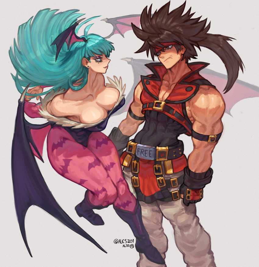 1boy absurdres animal_print artist_name bat_print breasts brown_hair darkstalkers earrings english_commentary female fingerless_gloves fur-trimmed_leotard fur_trim gabriel_ales gloves guilty_gear head_wings highres jewelry long_hair mole mole_under_eye morrigan_aensland muscular muscular_male pantyhose print_pantyhose simple_background sol_badguy stud_earrings white_background wings