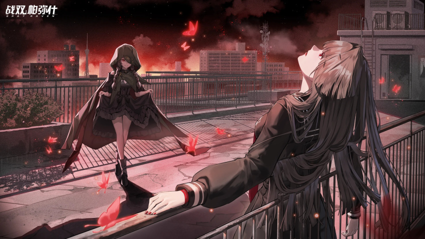 2girls black_dress black_hair black_serafuku boots bug building burning butterfly character_request cloud dress eyepatch highres hood long_hair multiple_girls official_art punishing:_gray_raven red_eyes red_nails rooftop school_uniform second-party_source serafuku shadow