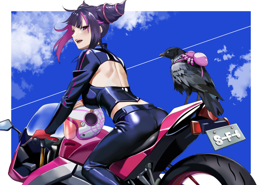 absurdres alternate_costume back_cutout backpack bag bird blue_sky border clothing_cutout cloud commentary female fingerless_gloves gloves hair_horns highres juri_han motor_vehicle motorcycle multicolored_hair on_motorcycle red_gloves sky spider_web_print street_fighter street_fighter_6 two-tone_hair white_border yagi_(joe731842)