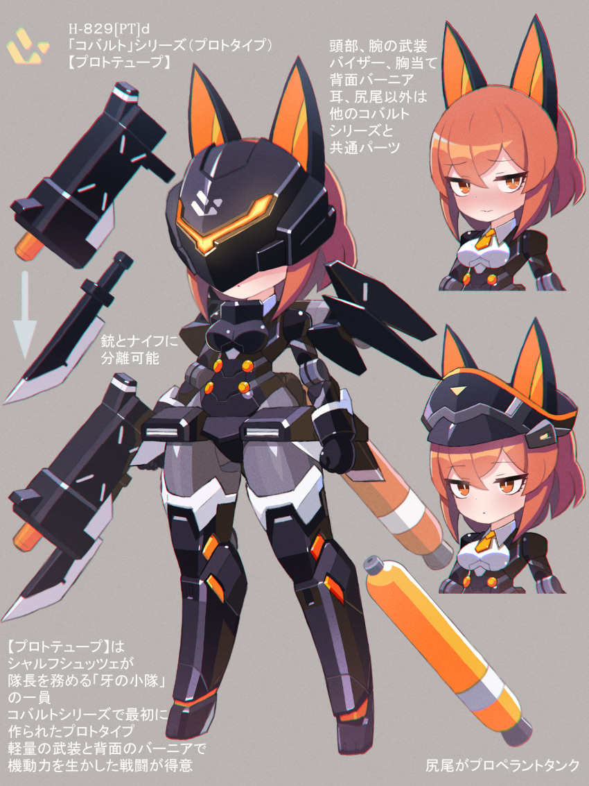 animal_ears bayonet black_leotard blush boots breasts desktop_army dot_nose female grey_background gun highres holding holding_gun holding_weapon leotard looking_at_viewer mask mechanical_wings medium_hair no_feet orange_hair robot_girl simple_background small_breasts thigh_boots translation_request weapon wings yoyoyoyoyo_(turuse)