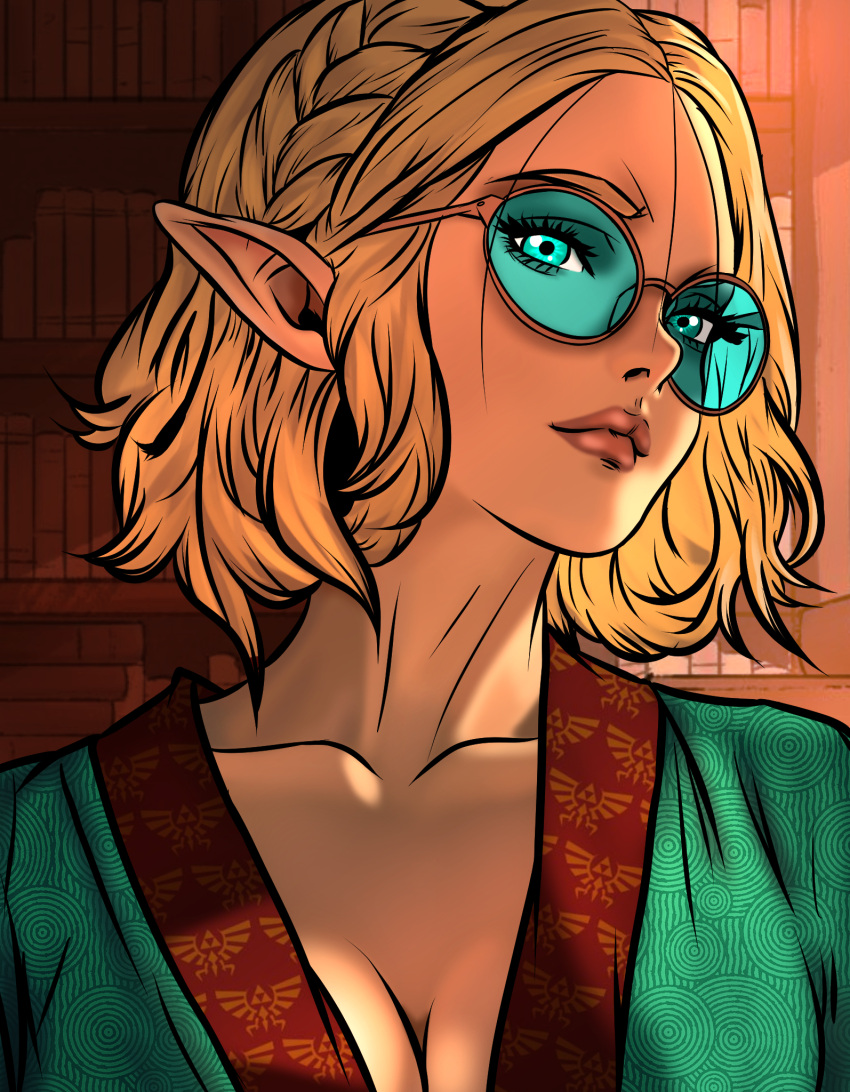 blonde_hair braid breasts cleavage coat collarbone commentary crown_braid english_commentary female glasses green-tinted_eyewear green_coat highres looking_afar ortegac20 pointy_ears portrait princess_zelda round_eyewear short_hair the_legend_of_zelda the_legend_of_zelda:_tears_of_the_kingdom tinted_eyewear triforce_print