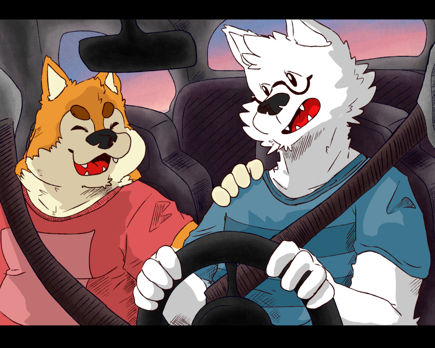 06junior11 2022 anthro black_nose brown_body canid canine canis car closed_eyes clothing detailed_background domestic_dog driving duo eyewear glasses hi_res humanoid_hands inside_car inside_vehicle male mammal shirt slightly_chubby topwear vehicle white_body