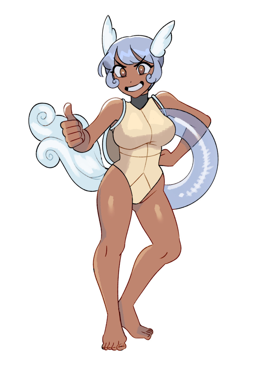 absurdres barefoot blue_hair bright_pupils brown_eyes dark-skinned_female dark_skin female full_body grin hand_on_own_hip hand_up head_wings highres holding holding_swim_ring itslyssalala knee_up looking_at_viewer one-piece_swimsuit personification pokemon short_hair simple_background smile solo standing swim_ring swimsuit tail thumbs_up turtle_shell v-shaped_eyebrows wartortle white_background wings