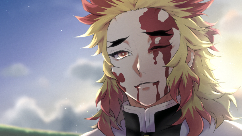 1boy blonde_hair blood blood_from_mouth blood_on_face closed_mouth cloud collar commentary demon_slayer_uniform forehead hamuuuko haori highres japanese_clothes kimetsu_no_yaiba male_focus multicolored_hair one_eye_closed orange_hair outdoors rengoku_kyoujurou solo streaked_hair thick_eyebrows two-tone_hair upper_body v-shaped_eyebrows