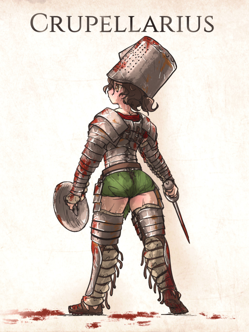 armor blood blood_on_ground brown_eyes brown_hair buckler faulds female from_behind full_body gladiator gladiator_sandals gladius greaves helm helmet highres holding holding_shield holding_sword holding_weapon ironlily manica original pauldrons roman_armor roman_empire sandals shield short_sword shoulder_armor solo sweat sword thighs weapon