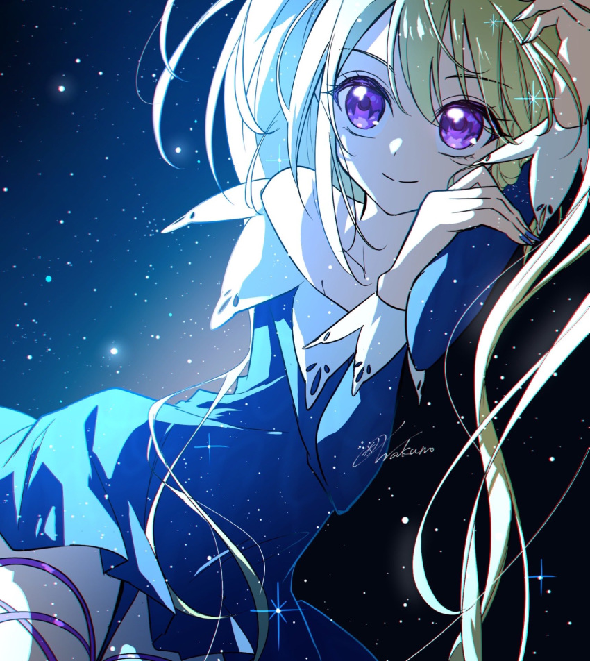 bare_shoulders blonde_hair blue_dress blue_nails closed_mouth commentary_request dress female hair_between_eyes highres hoshina_utau long_sleeves magical_girl night night_sky purple_eyes shugo_chara! signature sky smile solo sparkle wakuno_lemon