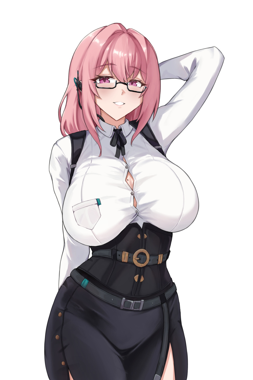 black-framed_eyewear black_skirt breasts cleavage cowboy_shot fangs_(fangs_art) female glasses grin high-waist_skirt highres large_breasts long_hair long_sleeves looking_at_viewer mole mole_on_breast pink_hair purple_eyes shirt simple_background skirt smile solo standing tight_clothes tight_shirt tsukishiro_yanagi underbust white_background white_shirt zenless_zone_zero