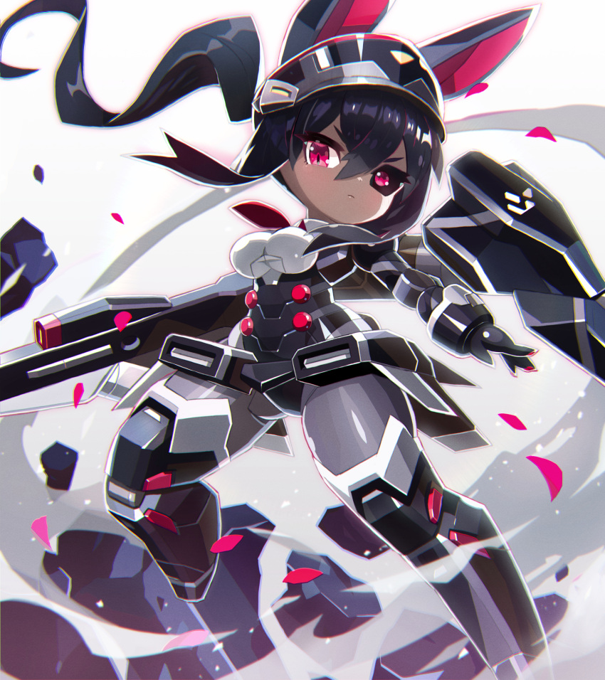 animal_ears black_hair black_sclera check_copyright colored_sclera commentary_request copyright_request dark-skinned_female dark_skin desktop_army dot_nose female gun hat highres holding holding_gun holding_weapon long_hair looking_at_viewer mecha_musume mismatched_sclera necktie no_feet peaked_cap ponytail red_eyes rifle solo very_long_hair weapon yoyoyoyoyo_(turuse)