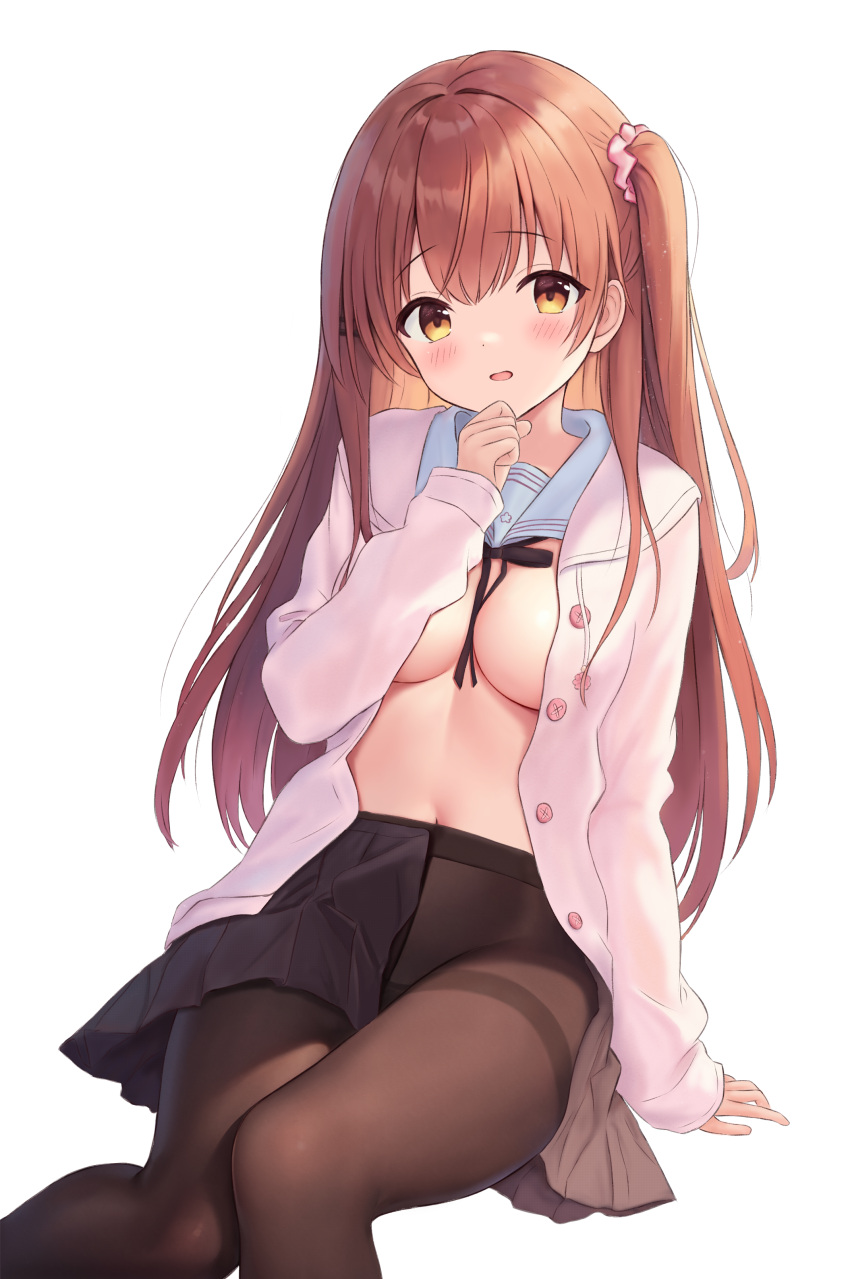 absurdres arm_support black_ribbon black_skirt blue_sailor_collar blush breasts brown_eyes brown_hair brown_pantyhose chinese_commentary commentary_request feet_out_of_frame female hand_on_own_chin highres himeno_sena jacket koi_kakeru_shin-ai_kanojo long_hair looking_at_viewer medium_breasts navel necktie no_bra one_side_up open_clothes open_jacket open_skirt pantyhose parted_lips pink_jacket pleated_skirt ribbon sailor_collar simple_background sitting skirt white_background zhuan_yan_ruyan