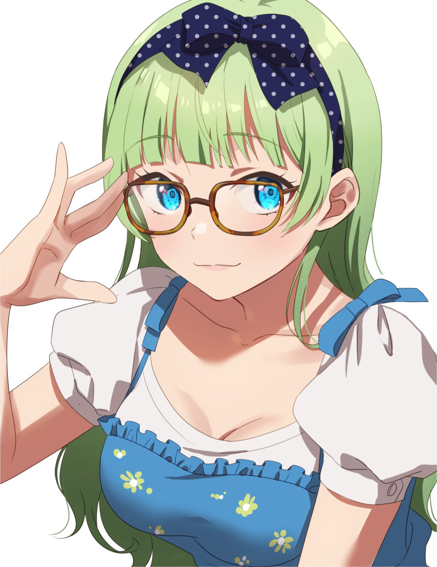 adjusting_eyewear bespectacled blue_bow blue_eyes blue_hairband blue_shirt blunt_bangs blush bow breasts brown-framed_eyewear cleavage closed_mouth collarbone emu_(emum) female frilled_shirt frills glasses green_hair hairband hand_up highres idolmaster idolmaster_million_live! idolmaster_million_live!_theater_days long_hair looking_at_viewer medium_breasts polka_dot_headband shimabara_elena shirt short_sleeves simple_background smile solo upper_body white_background white_shirt