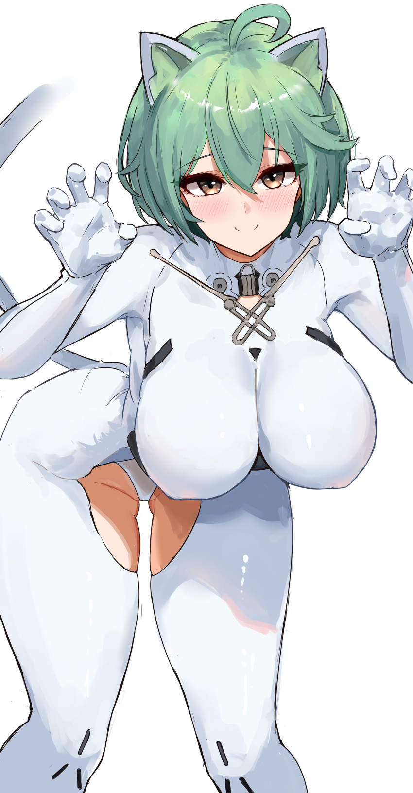 absurdres admiral_nakhimov_(azur_lane) ahoge animal_ears azur_lane bent_over bodysuit breasts cat_ears chinese_commentary claw_pose cropped_tail crotchless crotchless_bodysuit fake_animal_ears fake_tail female green_eyes green_hair groin hais highres impossible_bodysuit impossible_clothes large_breasts looking_at_viewer mechanical_ears mechanical_tail short_hair simple_background skindentation smile solo standing tail turtleneck turtleneck_bodysuit white_background white_bodysuit