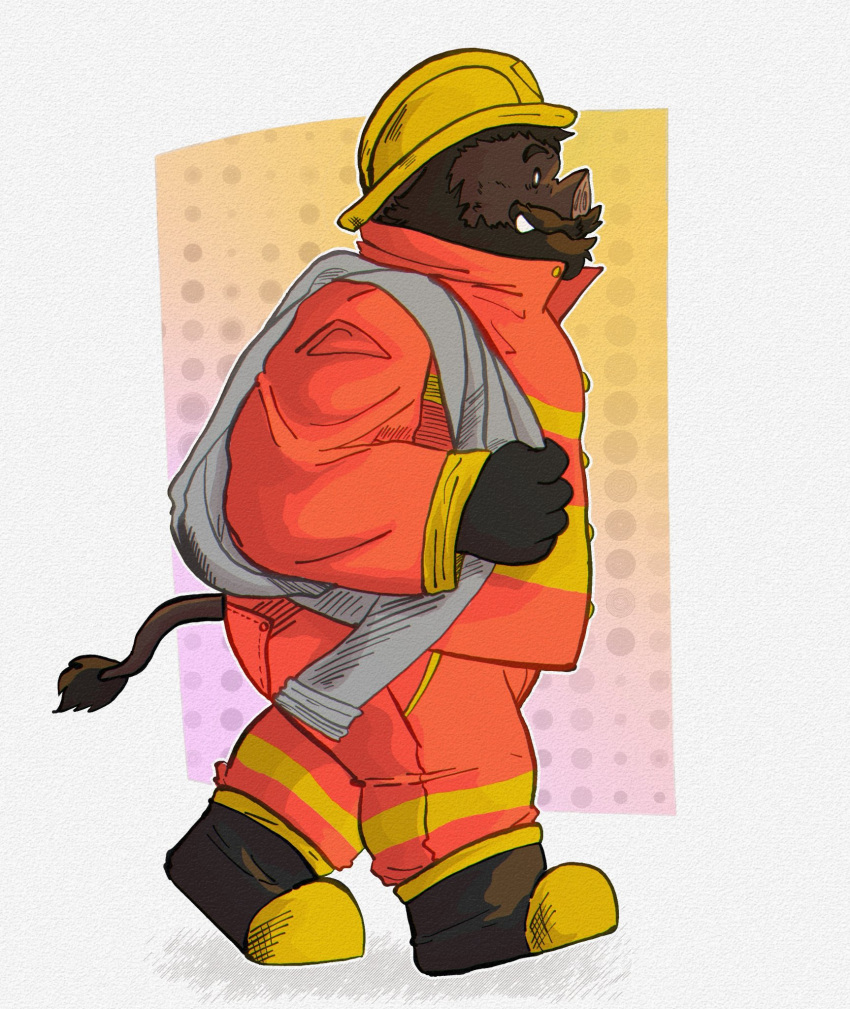 06junior11 2023 armor biped bottomwear brown_body clothing firefighter hard_hat headgear helmet hi_res male mammal overweight overweight_male pants simple_background solo suid suina sus_(pig) walking wild_boar