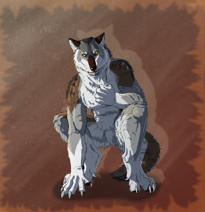 2012 4_toes 5_fingers alex_stryker anthro bared_teeth biceps black_lips black_nose black_pawpads black_sclera broad_shoulders brown_body brown_fur canid canine cel_shading cheek_tuft claws crotch_tuft crouching dewclaw digitigrade facial_tuft featureless_crotch feet finger_claws fingers fist fluffy fluffy_tail fur glowing glowing_eyes grey_body grey_claws grey_fur hand_on_ground hi_res holding_jewelry holding_necklace holding_object jewelry lips looking_at_viewer male mammal mane multicolored_body multicolored_fur muscular muscular_anthro muscular_male mythological_canine mythological_creature mythology neck_tuft necklace necklace_only nude pawpads paws pecs pivoted_ears pots shaded simple_background solo tacimur tail teeth textured_background toe_claws toes tuft werecanid werecanine werecreature werewolf werewolf_tale whisker_spots white_body white_fur yellow_eyes