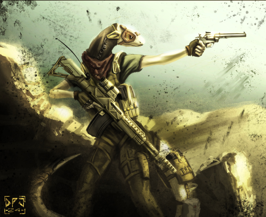 2024 action_scene aiming anthro bloom bulletproof_vest clothing colt_python desert digital_media_(artwork) digital_painting_(artwork) dirtypaperjoe eyewear furgonomics gloves goggles gun handgun handwear hcar headgear hi_res knife light lighting military military_clothing operator ranged_weapon reptile revolver rifle ruins scalie scarf shaded snake tail warzone weapon