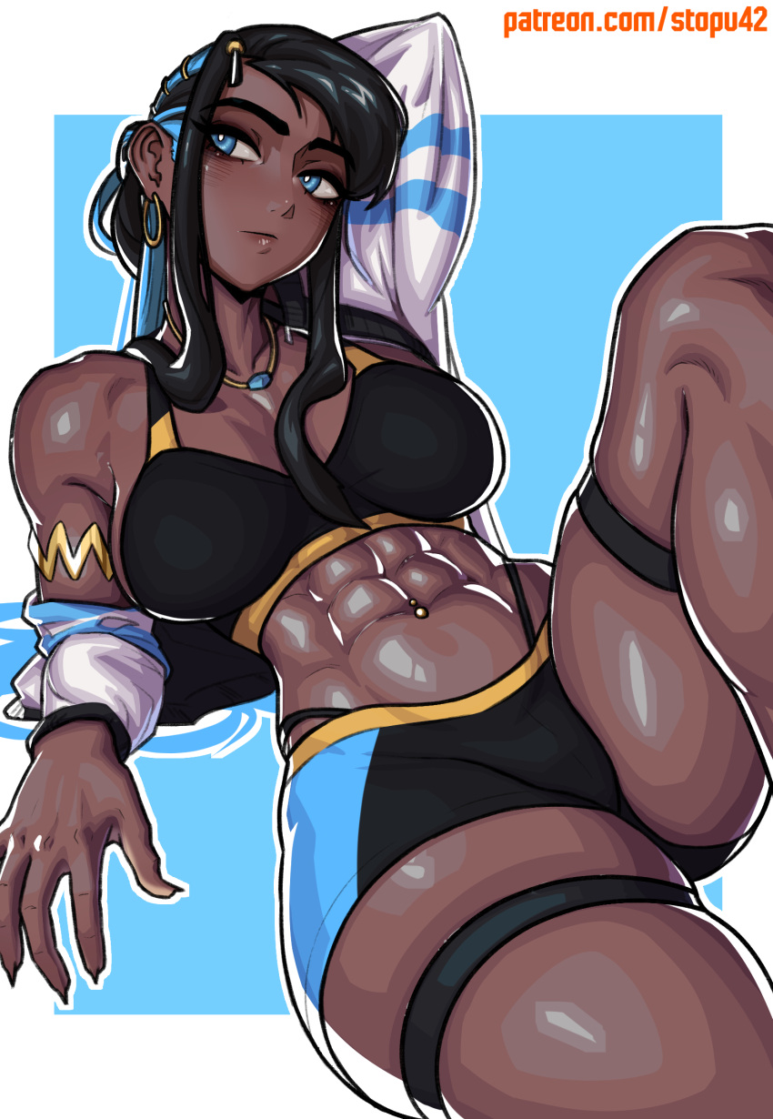 abs arm_behind_head black_hair black_panties black_shorts black_sports_bra blue_background blue_eyes blue_hair blue_shorts border breasts bright_pupils closed_mouth dark-skinned_female dark_skin earrings female hair_ornament highleg highleg_panties highres hoop_earrings jacket jewelry knee_up large_breasts long_hair long_sleeves looking_to_the_side lying multicolored_hair muscular muscular_female navel navel_piercing necklace nessa_(pokemon) off_shoulder on_back open_clothes open_jacket outside_border panties panty_straps patreon_username piercing pokemon pokemon_swsh short_shorts shorts sideways_glance skindentation solo sports_bra stopu thigh_strap two-tone_hair two-tone_shorts underwear web_address white_border white_jacket white_pupils