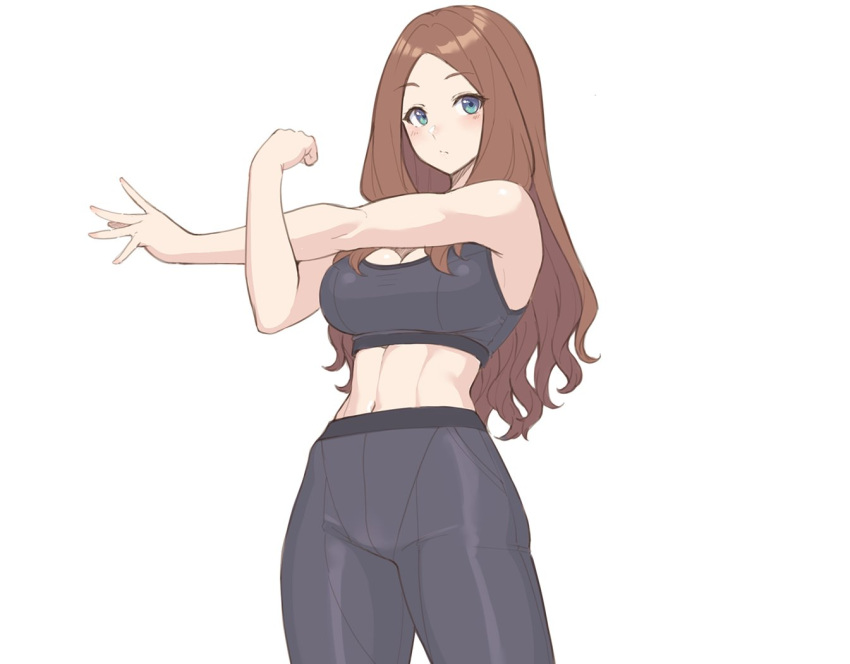 black_pants blue_eyes breasts brown_hair fate/grand_order fate_(series) female large_breasts leonardo_da_vinci_(fate) long_hair midriff navel pants ranma_(kamenrideroz) sports_bra stretching white_background