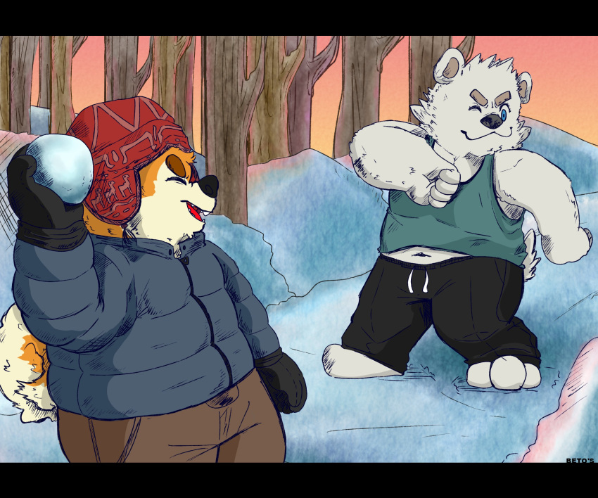 06junior11 2022 6:5 anthro bear black_nose bottomwear canid canine canis closed_eyes clothing detailed_background domestic_dog duo hat headgear headwear hi_res male mammal outside overweight overweight_male pants plant polar_bear shirt snow snowball snowball_fight topwear tree ursine