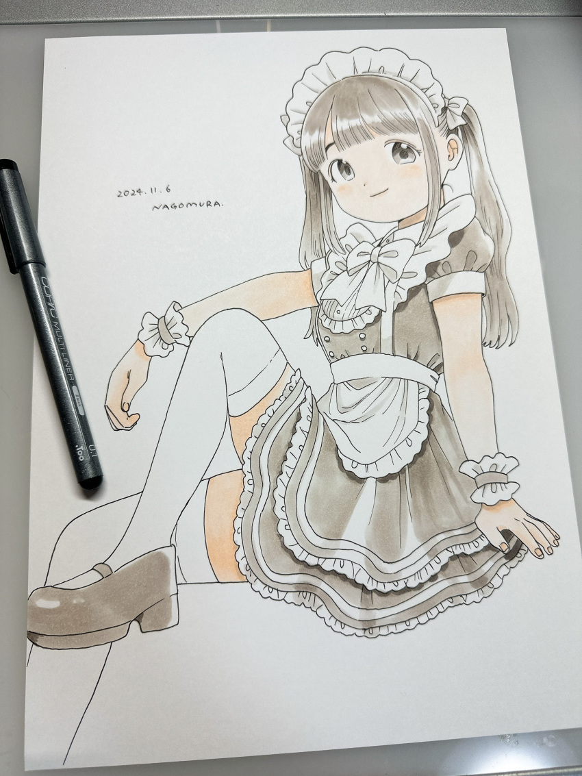 absurdres apron art_tools_in_frame blunt_bangs blush bow bowtie breasts brown_footwear brown_hair dot_nose drawing_(object) dutch_angle female fingernails frilled_anklet frilled_apron frills grey_eyes hair_ornament hairbow highres leg_up light_brown_hair looking_at_viewer maid maid_apron maid_headdress medium_breasts nagomurasan original pastel_(medium) pen_(medium) ponytail shoes sidelocks simple_background sitting smile solo thighhighs traditional_media white_background white_bow white_bowtie white_thighhighs zettai_ryouiki