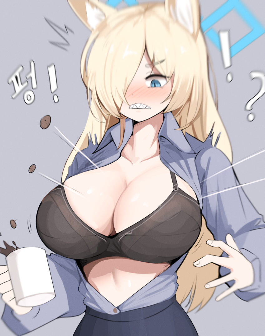 !? absurdres animal_ears black_bra blonde_hair blue_archive blue_eyes blue_halo bra breasts bursting_breasts coffee coffee_mug collared_shirt cup dog_ears dog_girl female flying_button grey_shirt hair_over_one_eye halo hell.k highres holding holding_cup kanna_(blue_archive) large_breasts long_hair mug popped_button sharp_teeth shirt solo teeth underwear wardrobe_malfunction