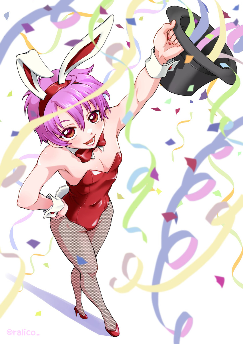 animal_ears artist_name bare_shoulders blush bow bowtie breasts bunny_day capcom cleavage confetti covered_navel darkstalkers detached_collar fake_animal_ears fake_tail female fishnet_pantyhose fishnets from_above hat highres leotard lilith_(darkstalkers) pantyhose playboy_bunny purple_hair rabbit_ears rabbit_tail ralico red_eyes red_leotard short_hair small_breasts smile solo star_(symbol) strapless strapless_leotard streamers tail top_hat traditional_bowtie white_background wrist_cuffs